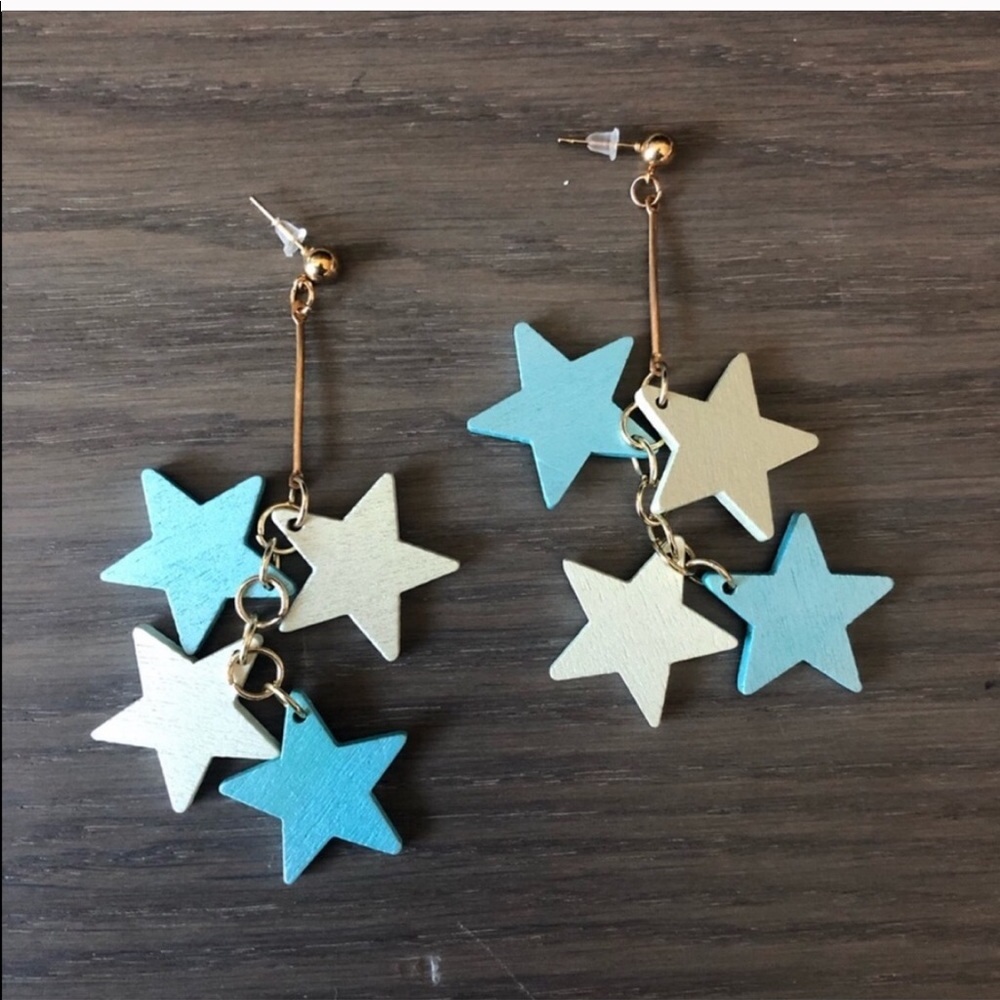 Blue and white stars dangling wood earrings chic cute unique lightweight